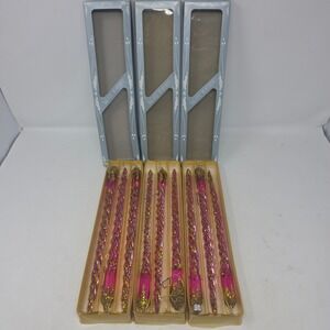 Christmas Traditions Pink Twisted Glass Icicle Ornaments Gold Glitter 12" 9pc